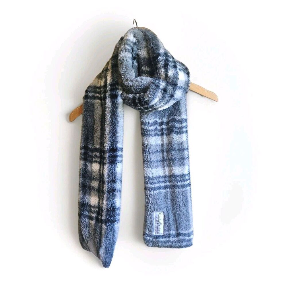 MINKY COUTURE Gray Grey Plaid So Soft Luxury Plush Neck Scarf Unisex Cozy